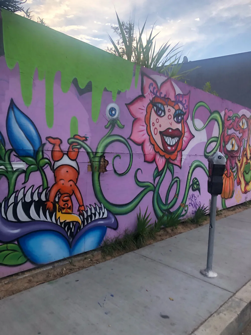 Vibrant mural with pink background featuring grotesque smiling face, green vines, orange creatures, and blue leaf forms in spray paint.