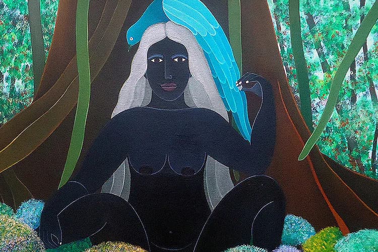 Black silhouette figure with white hair and blue headwrap seated among stylized brown tree trunks and turquoise foliage; acrylic painting by Laura James.