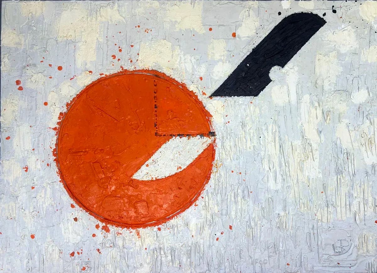 Abstract painting with red circle and black diagonal knife form on grey-white textured ground
