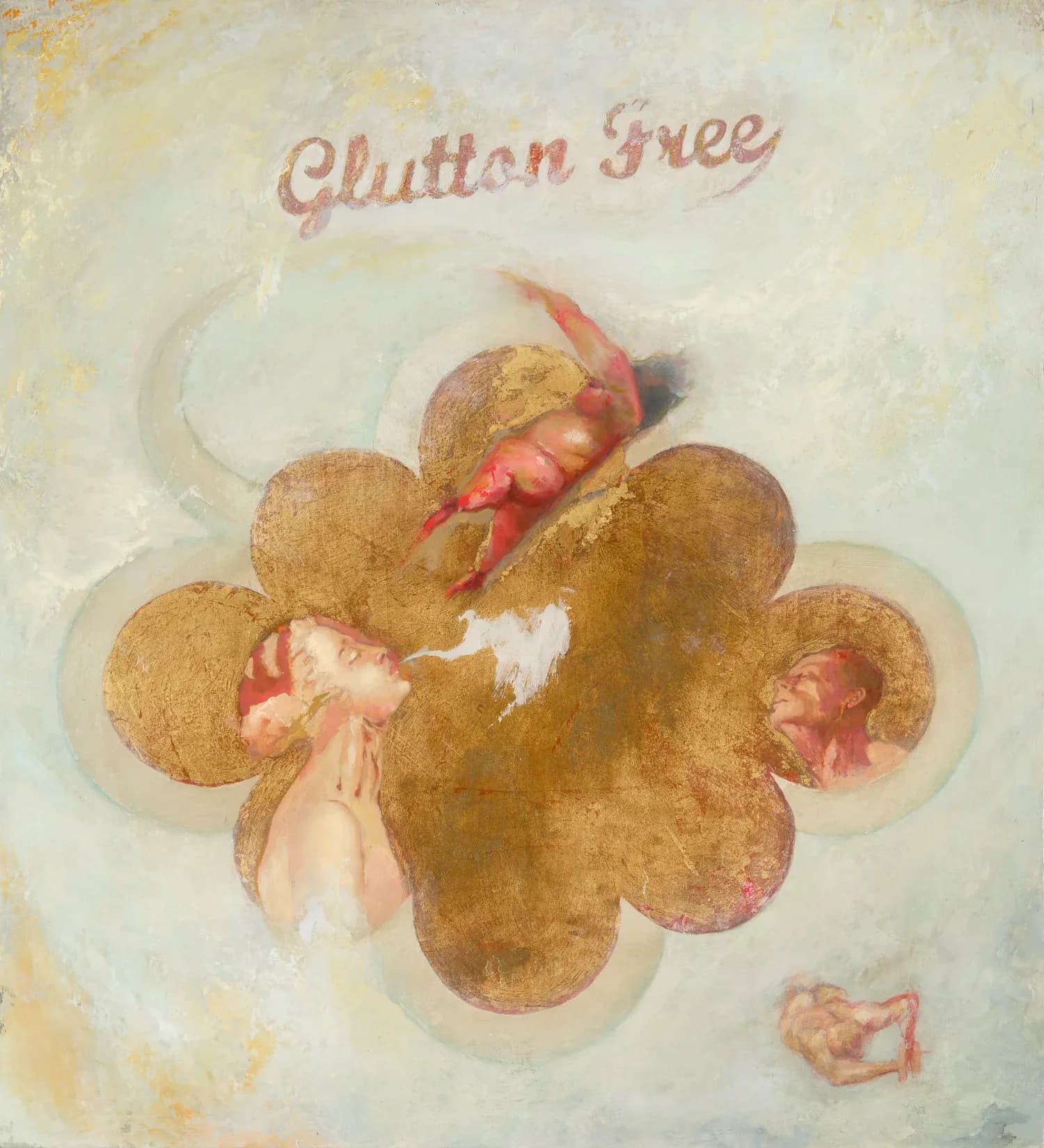 Soft-focus painting in muted tones depicting multiple cherub faces arranged around a central flower form, with 'Clutter Free' text in cursive at top.