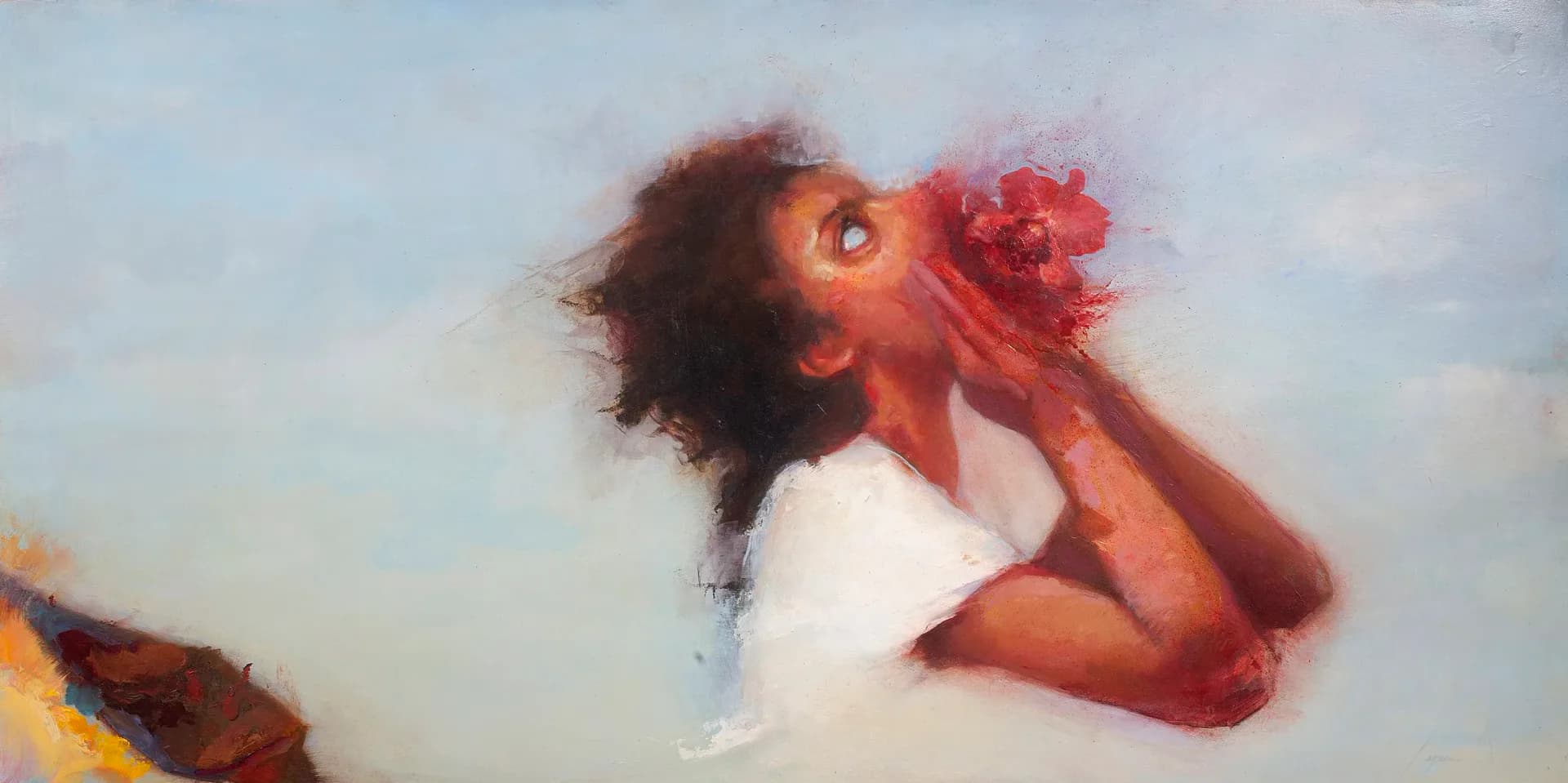 Expressive painting of a person with dark hair against cloudy sky, mouth open in an emotional gesture, rendered in warm and cool tones.