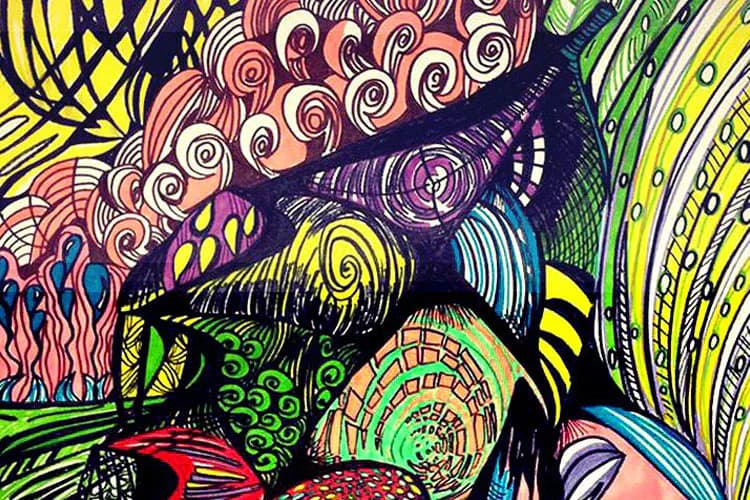 Abstract mixed-media painting with vibrant swirling patterns in pink, yellow, green, and black, featuring spirals and intricate line work.