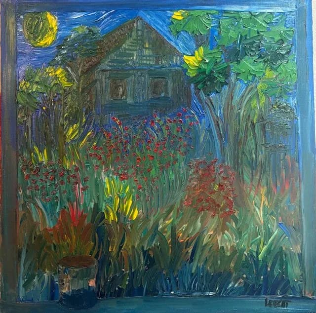 Expressionist painting of a house at night with garden flowers in foreground, featuring bold yellow moon and thick gestural brushstrokes in blues, greens, and reds.
