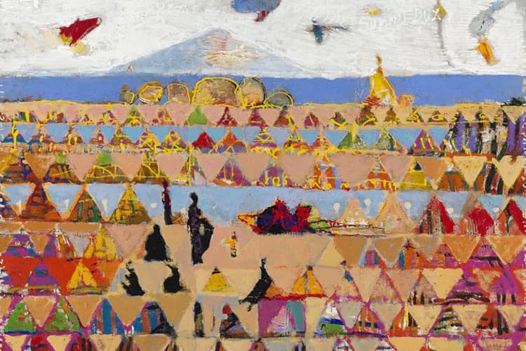 Colorful painting depicting a crowded beach or festival scene with striped tents, figures, and stylized landscape in warm and cool tones.