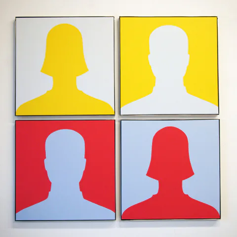 Four-panel painting featuring red map pin location markers on teal, blue, brown, and tan backgrounds