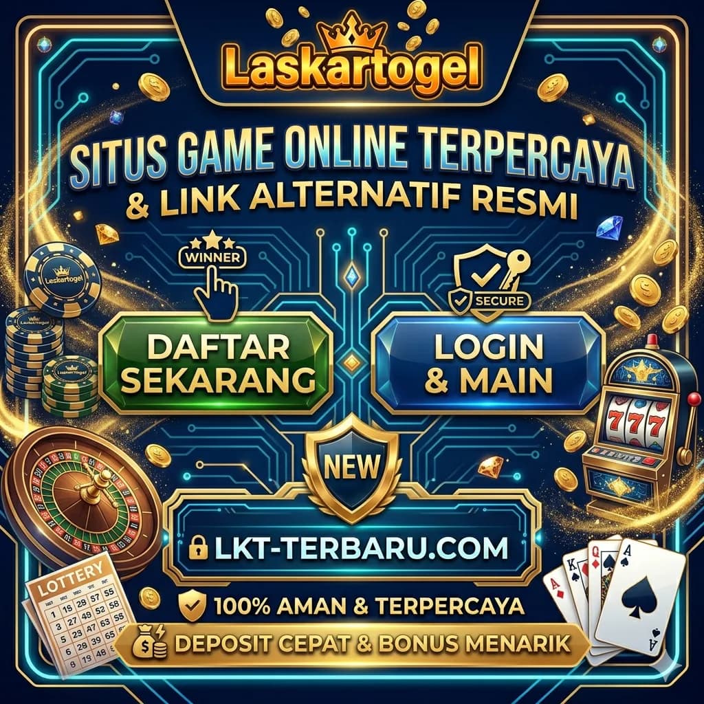 Promotional graphic for Laskartogel online gaming site with gold text, casino imagery, login buttons, and bright neon borders on dark blue background.