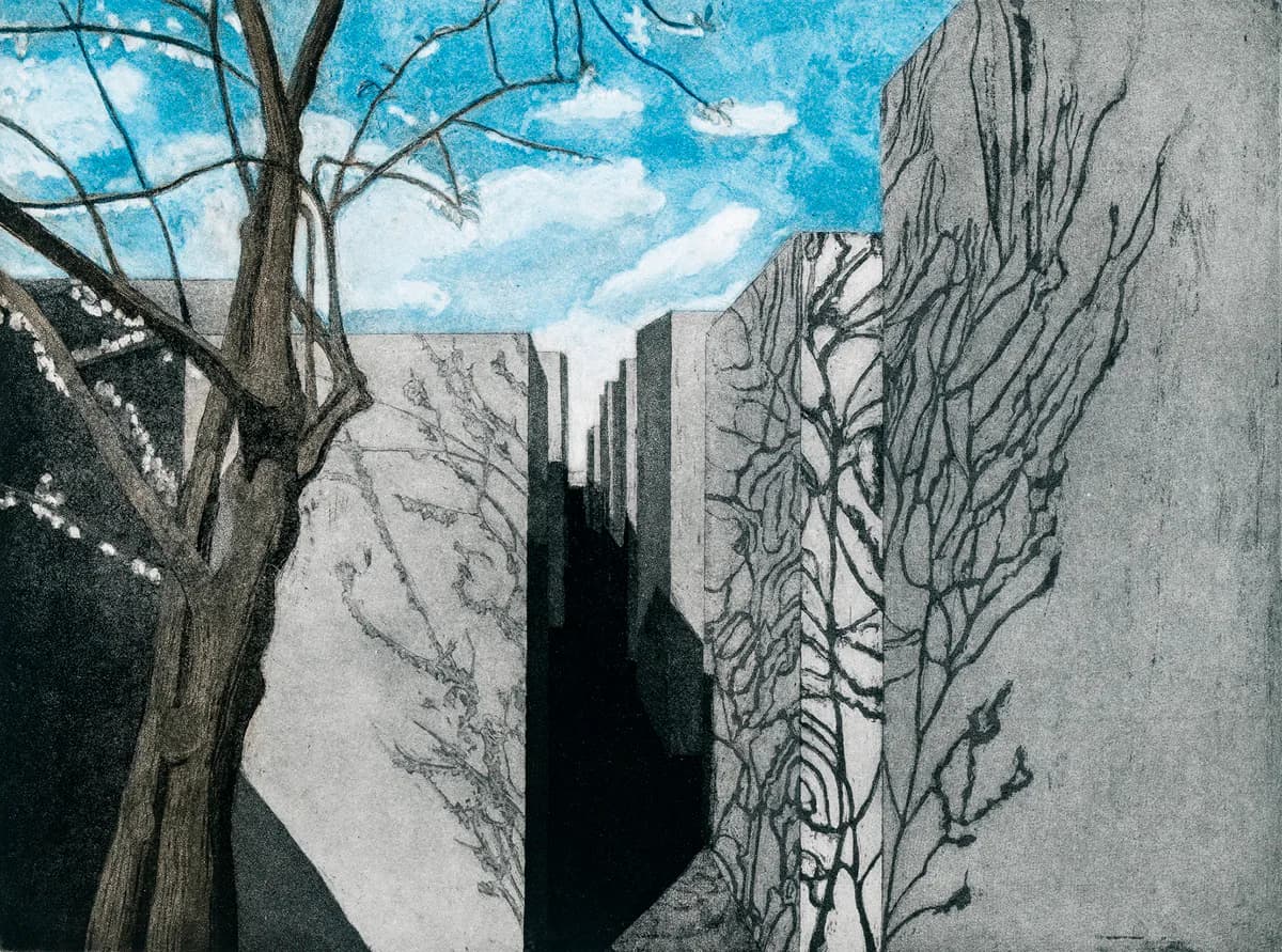 Holocaust Memorial with bare tree and blue sky - color etching