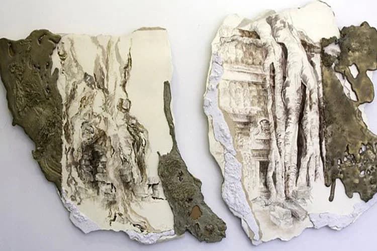 Mixed-media drawing on torn paper with organic forms in olive and white tones, featuring gestural marks and collaged elements.