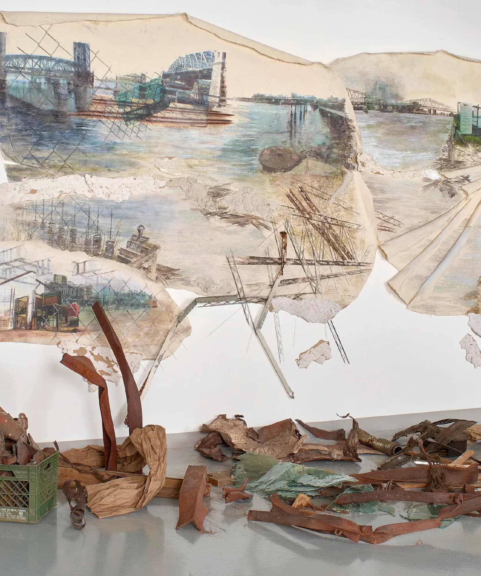 Mixed-media collage on torn paper map-like form depicting harbors and vessels, with charred wood fragments arranged below.