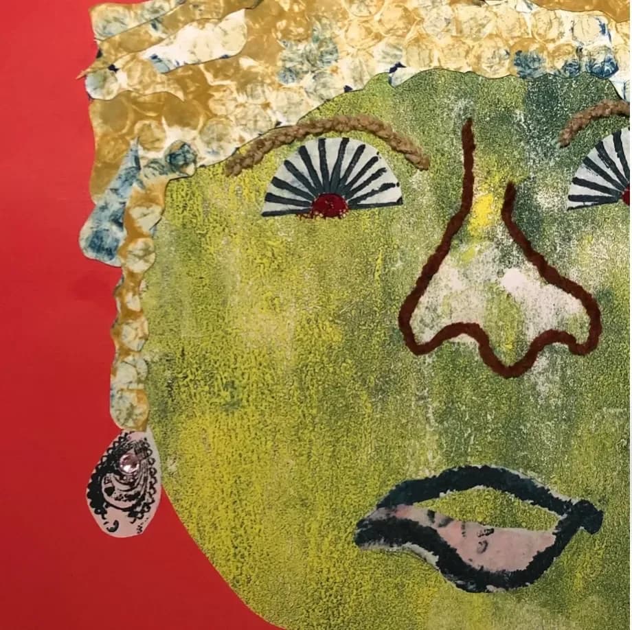 Green textured portrait with closed eyes and parted lips against red background, featuring gold leaf crown border, mineral accretions, and a single visible earring.