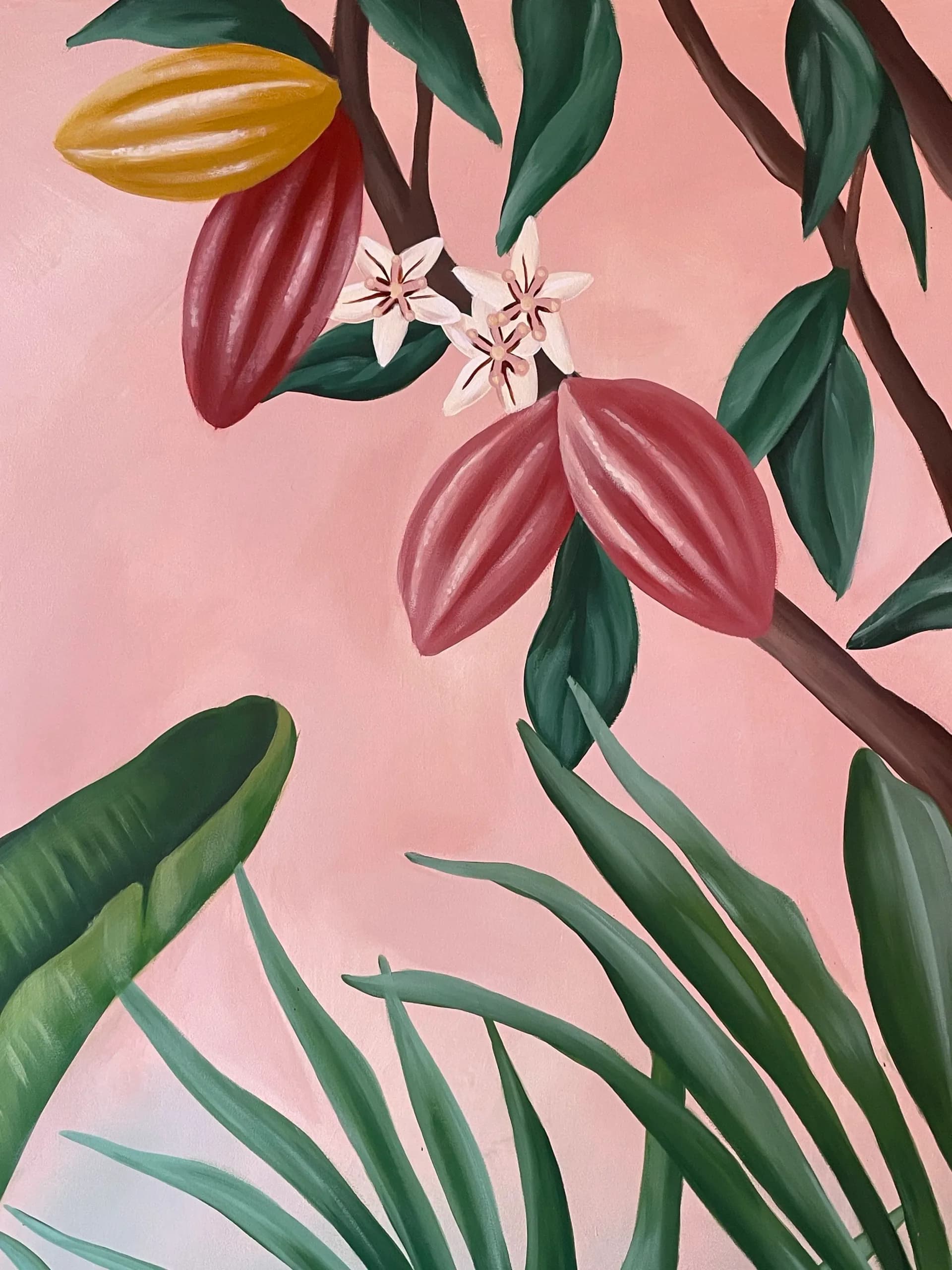 Detail of tropical mural with cocoa pods and blue hummingbird on pink background