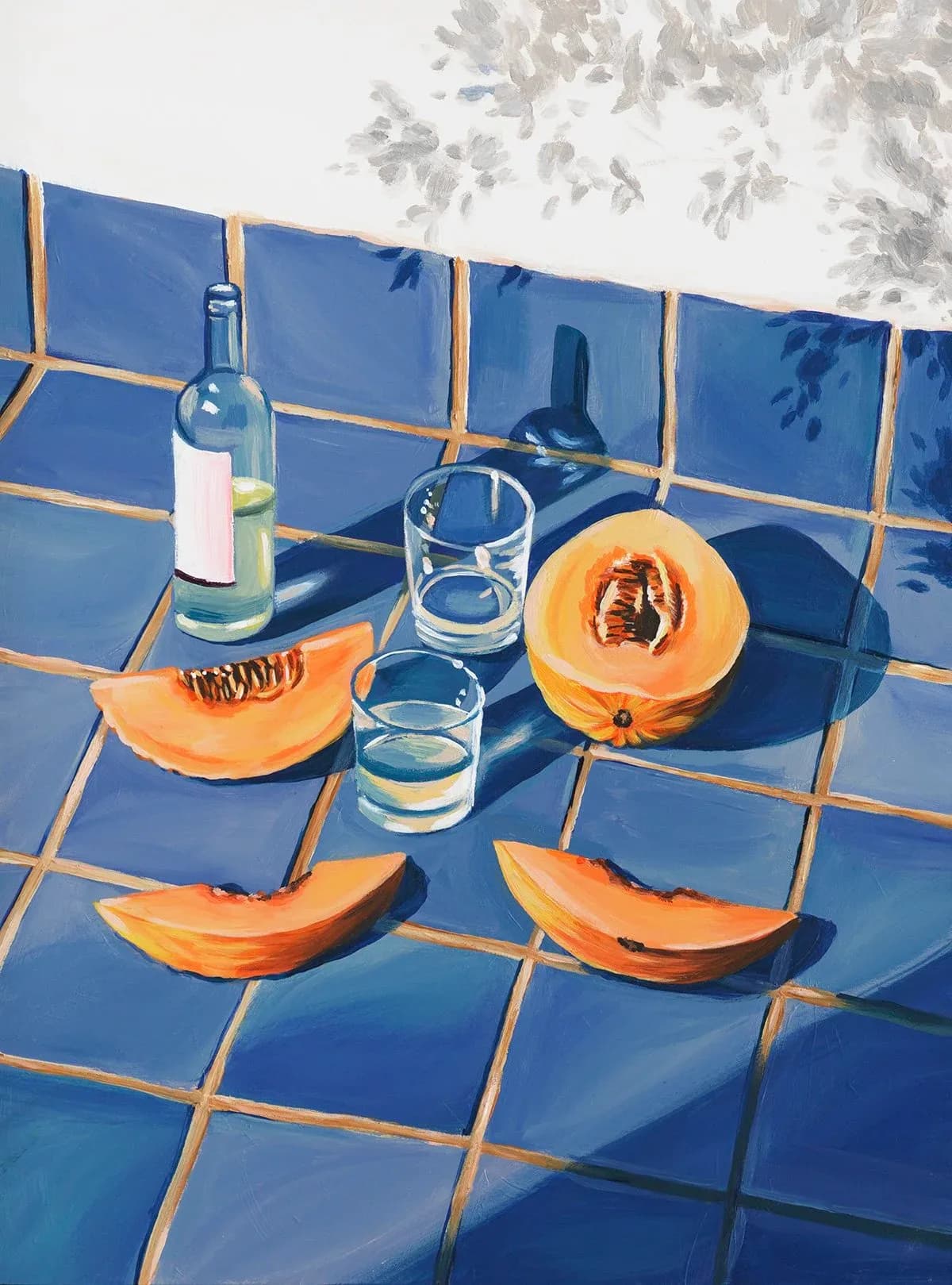 Still life painting of cantaloupe slices on blue tiles with wine bottle and glasses
