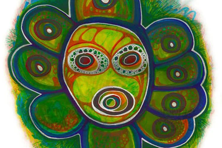 Colorful mixed-media face with concentric circular eyes and mouth, surrounded by petal-like shapes in greens, yellows, oranges, and blues with decorative patterns.