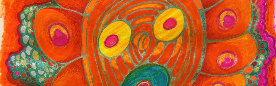 Vibrant mixed-media face with bright orange and yellow background, featuring concentric circular eyes and mouth with pink centers and colorful patterned elements.