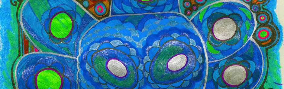 Abstract mixed-media composition featuring organic circular and eye-like shapes in blues, greens, oranges, and metallics with spiral and dotted textures.