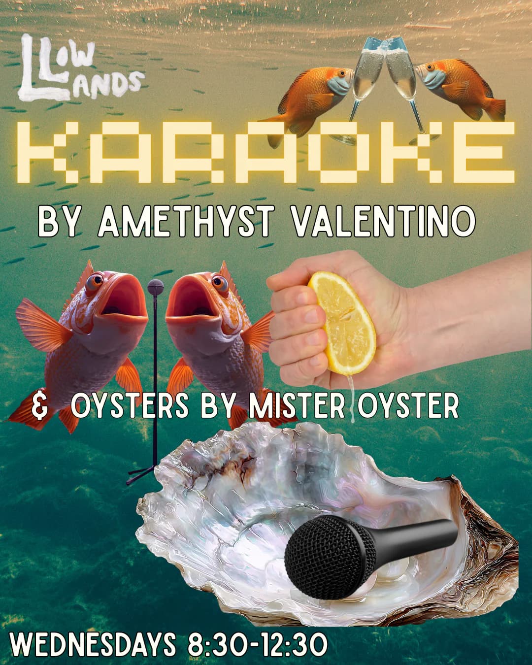 Lowlands Karaoke by Amethyst Valentino promotional poster with surreal underwater fish imagery