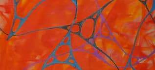 Abstract painting with blue linear network forms on vibrant orange-red background