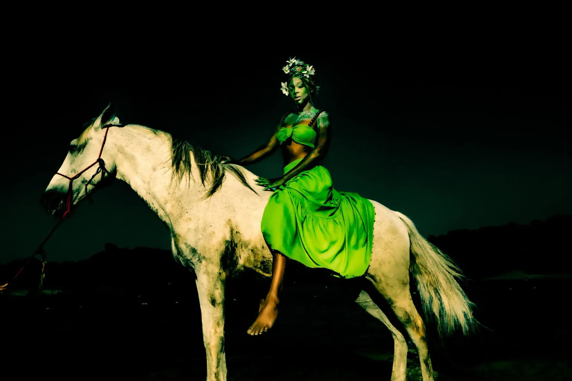 Woman in green dress riding white horse at night