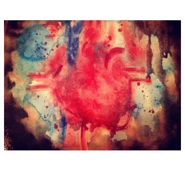 Abstract watercolor-style painting with dominant red heart shape in center, surrounded by splattered blue, green, and warm tones with organic flowing edges.