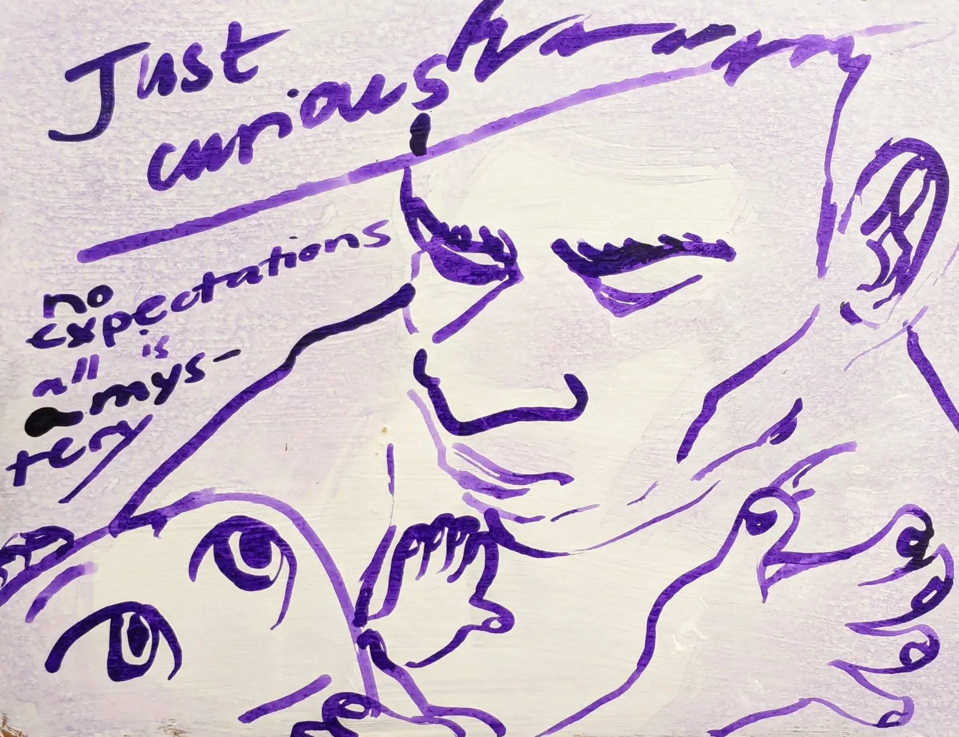 Purple ink sketch on paper depicting a face and gestural marks with handwritten text reading 'just anguish' and partial words; loose, expressionistic style.