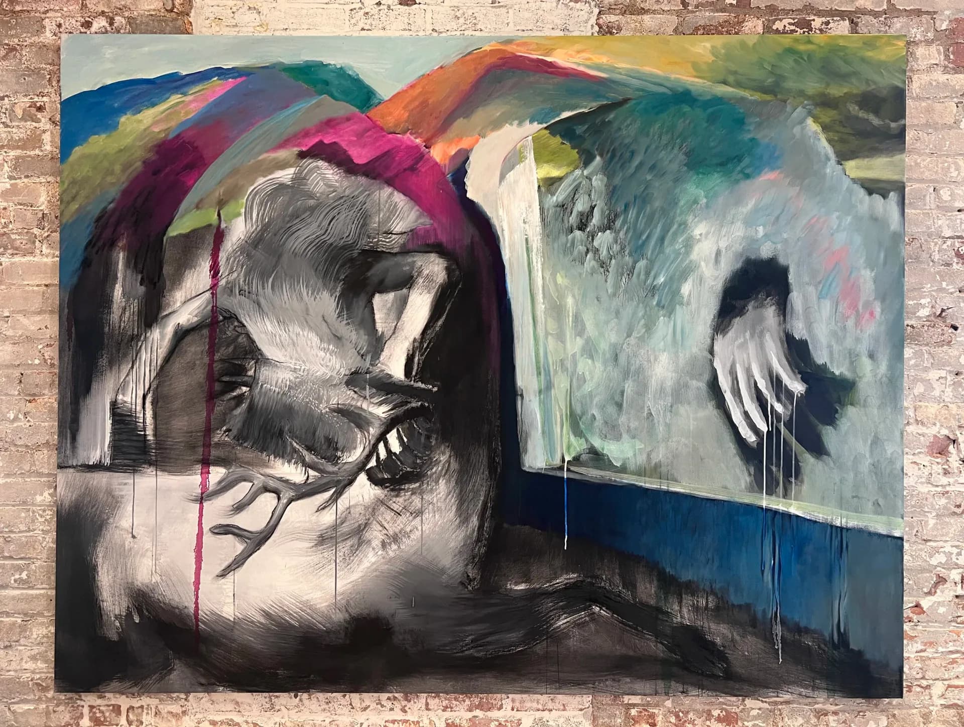 Large-scale painting combining figural charcoal drawing with vivid abstract color fields