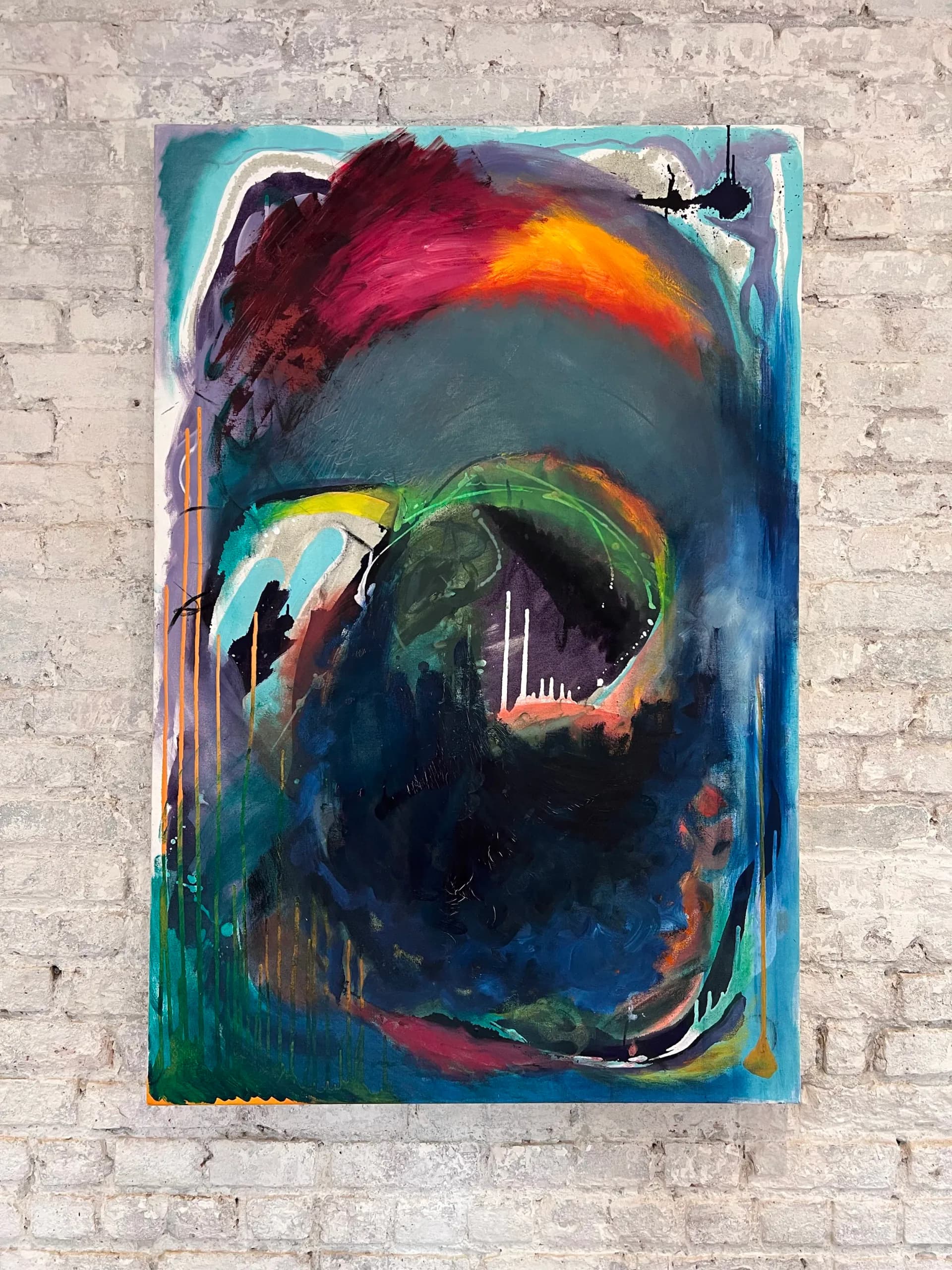 Abstract painting with swirling teal, crimson, orange, and dark tones forming a vortex composition