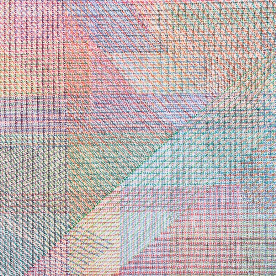 Multicolored diagonal line drawing with geometric pattern of interlocking sections