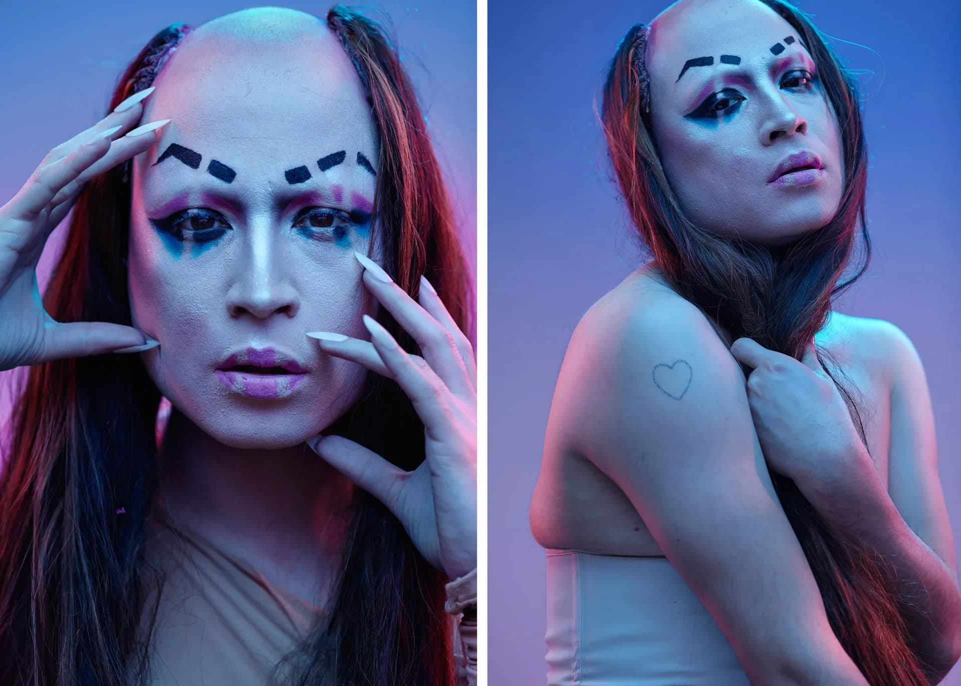 Diptych of drag queen with white face paint and long red hair alongside the same person out of drag