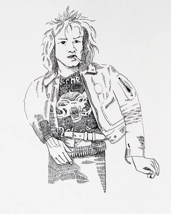 Ink line drawing of a young person with layered hair wearing a patterned jacket and graphic t-shirt, rendered in sketch style on light background.