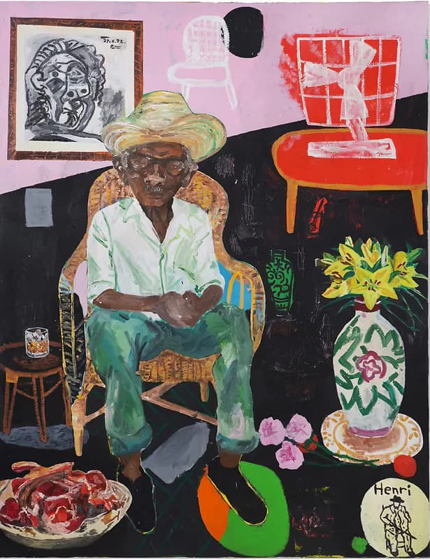 Figurative interior painting with seated man in straw hat, yellow lilies, Picasso reference, and mixed symbolic objects on dark background