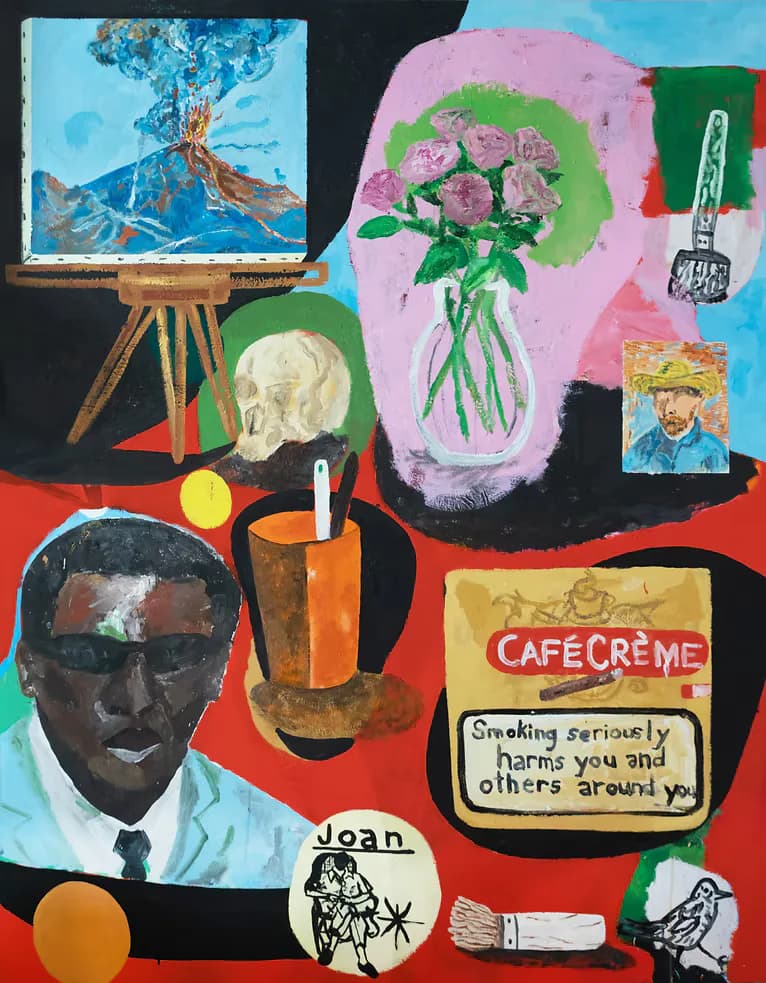 Vibrant red interior with skull, roses, volcano painting on easel, Van Gogh portrait, Café Crème tin, and Black figure