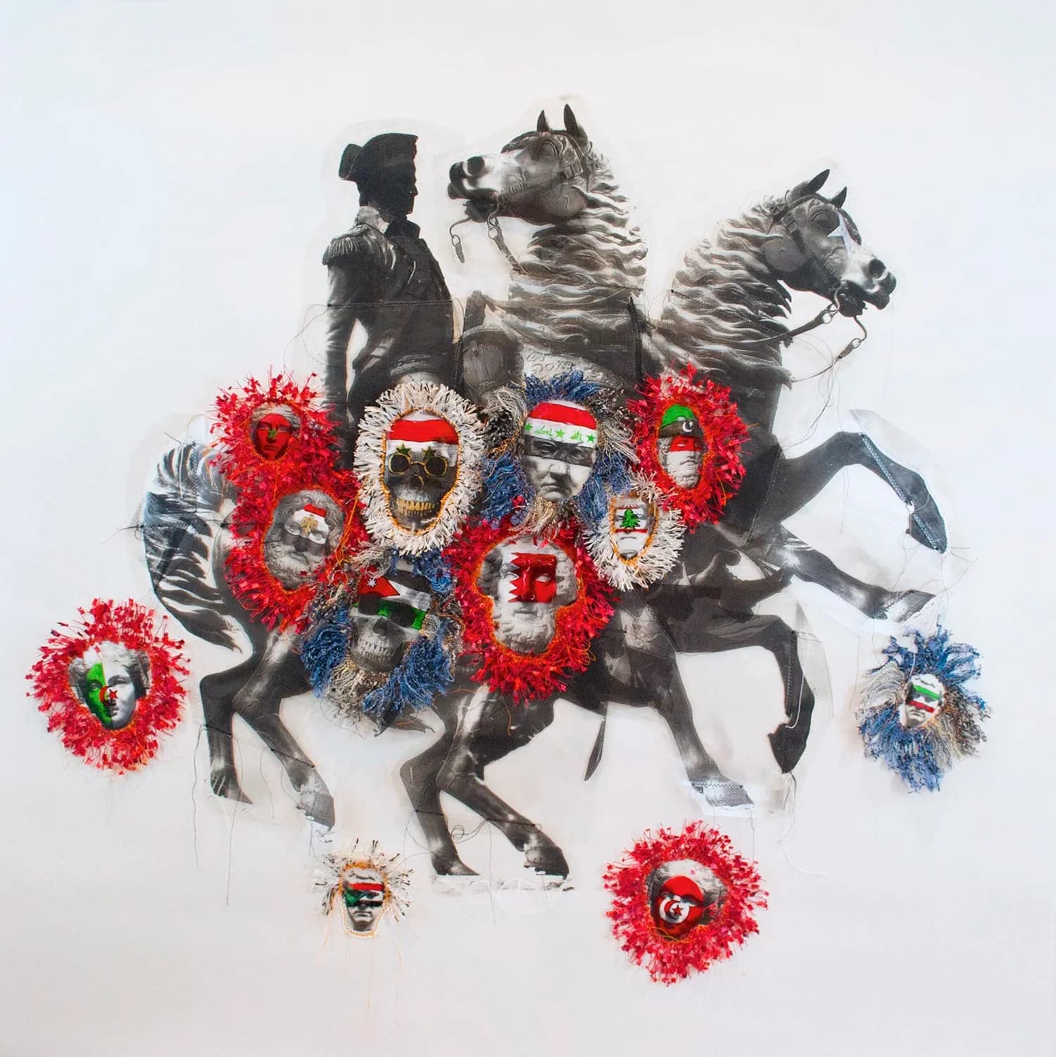Large mixed-media wall piece featuring monumental equestrian figures with flag-painted faces surrounded by colorful textile wreaths