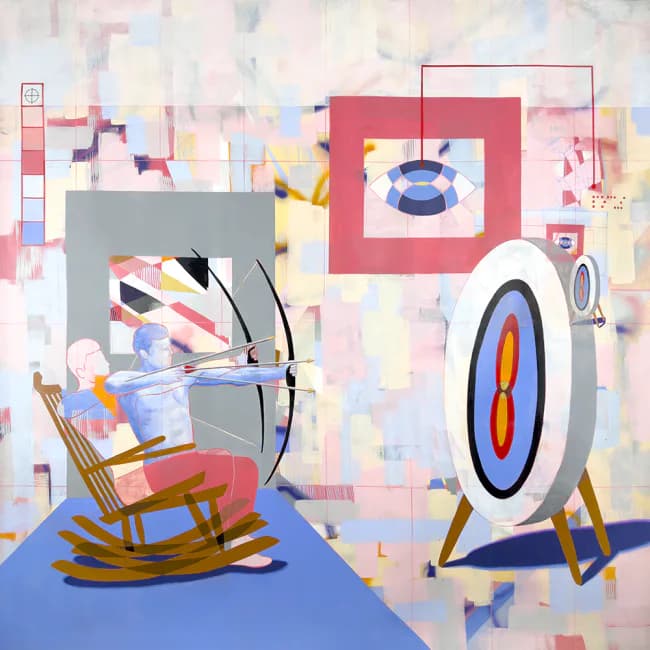 Abstract painting with archer on rocking chair, archery target, geometric forms and eye motif on pastel background