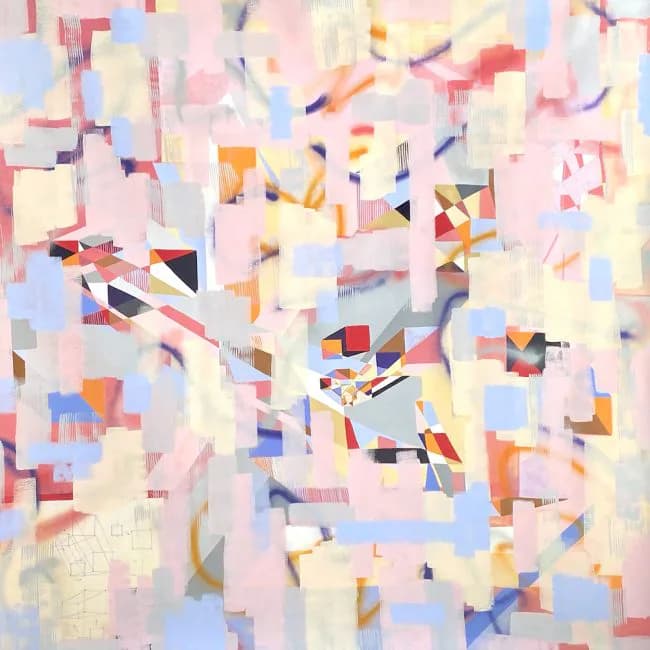 Abstract painting with archer figure, rocking chair, target and eye symbol amid geometric fragmentation