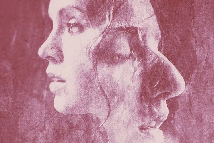 Duotone portrait in mauve and pink tones showing two overlapping profile views of a face, created by Maria Estevez.