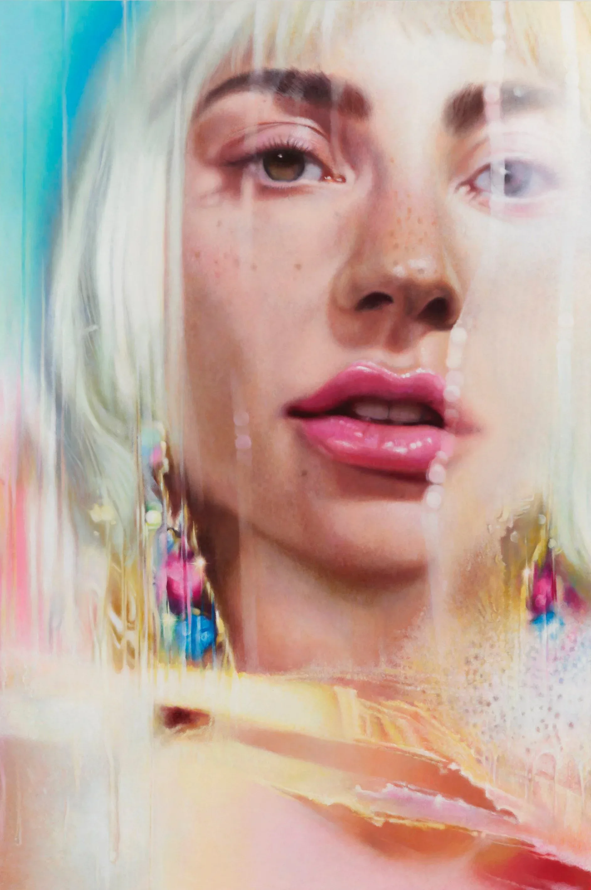 Portrait painting of person with platinum blonde hair and pink lips, rendered with soft-focus blurred edges in pastel pinks, yellows, and blues; colorful streaking at shoulders.
