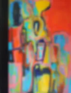 Vibrant abstract painting with red background and overlapping shapes in cyan, yellow, blue, and black.