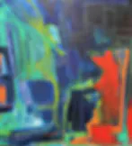 Softly focused abstract artwork featuring teal, blue, red, and yellow geometric and organic forms.