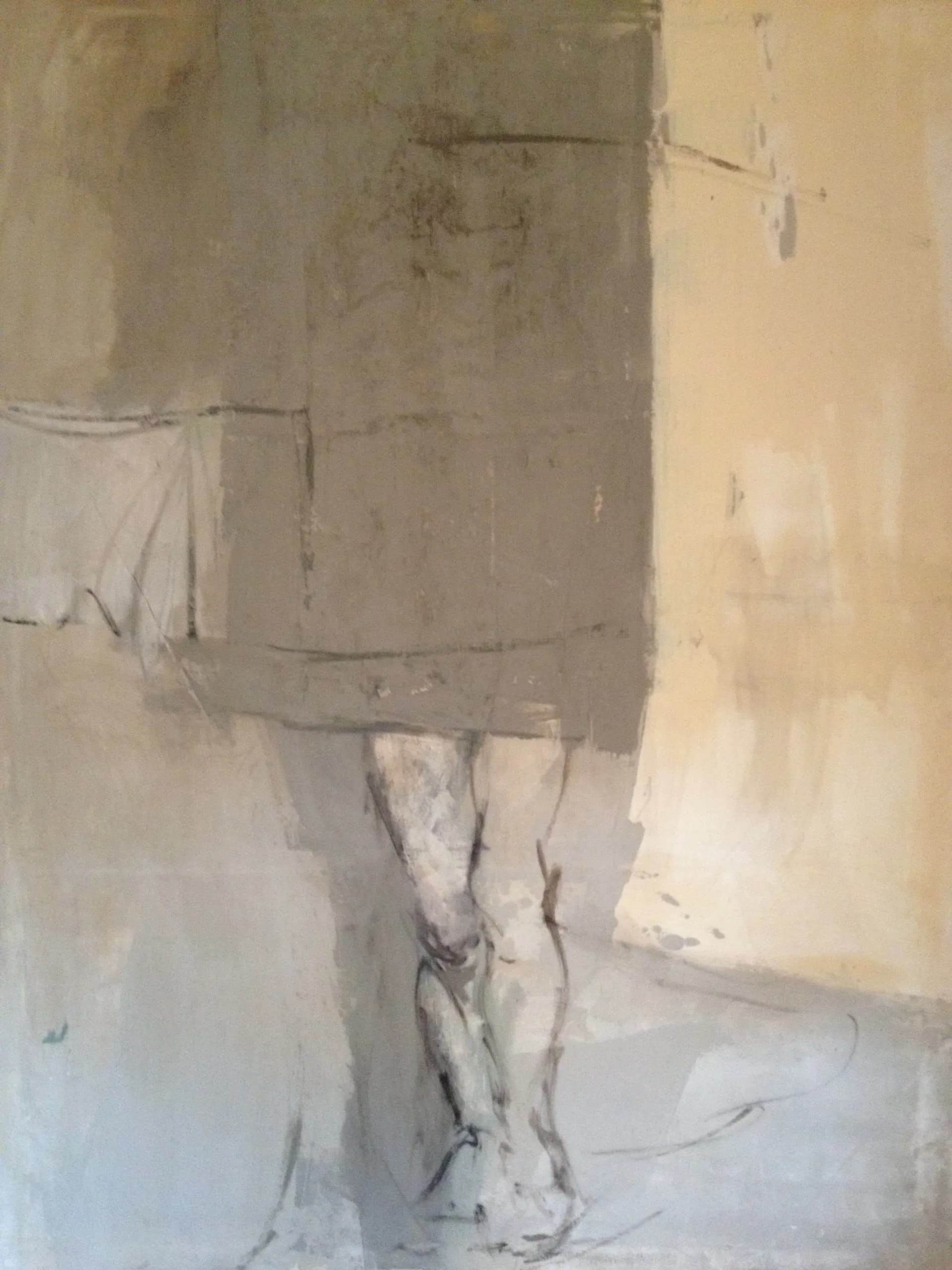 Minimalist figure painting in neutral tones with a dark rectangular form obscuring the head and upper body, standing legs visible below.