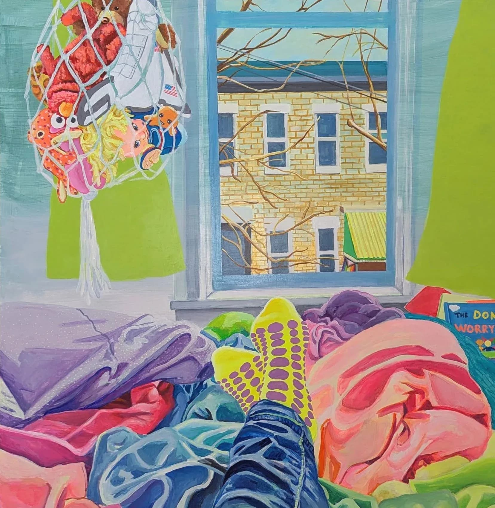 Colorful painting of a bedroom scene with stuffed animals in a net bag, a window view of a brick building, and a figure lying on a bed with yellow polka-dot socks