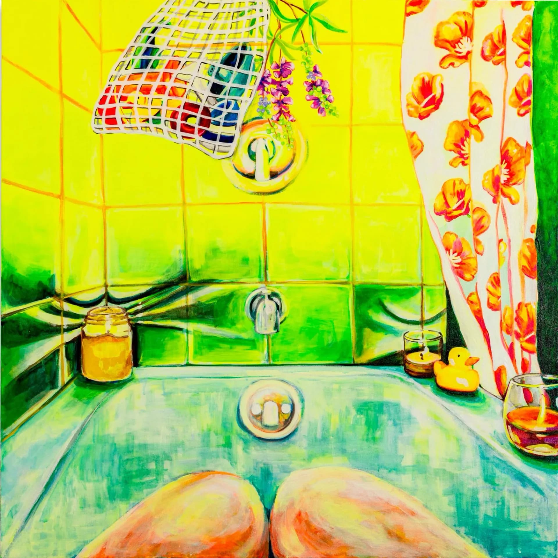 Vivid still life painting with tarot cards spread on a green table, wine bottle, Mr. Potato Head, and floral wallpaper