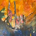 Abstract expressionist painting in orange and blue with dynamic gestural marks