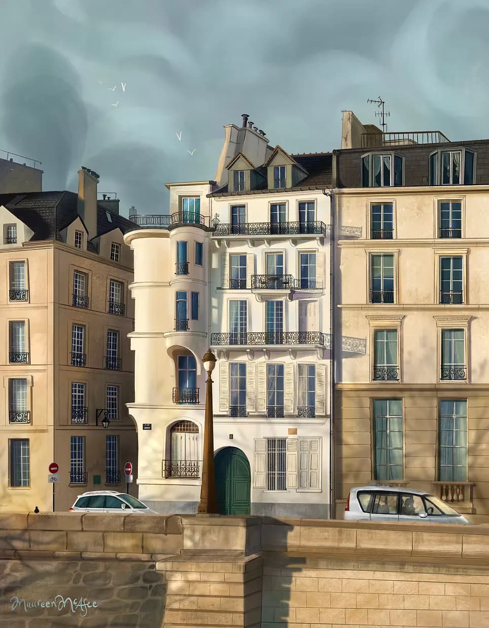 Detailed digital painting of Parisian buildings along the Seine with dramatic sky