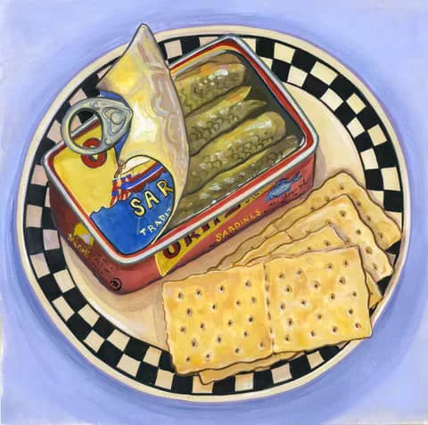 Gouache painting of sardines and crackers on a checkerboard plate