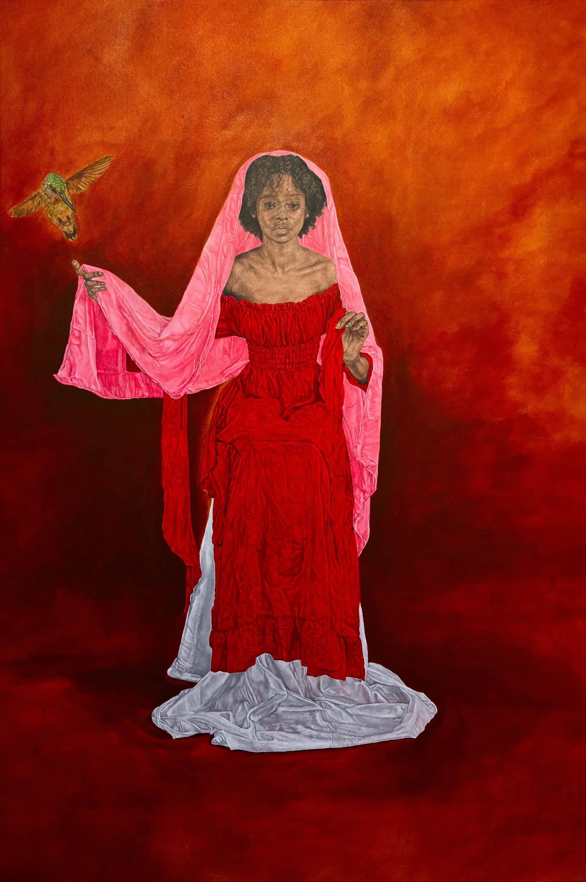 Standing figure in red dress with pink veil and hummingbird against fiery orange-red background