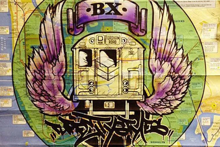Mixed-media collage featuring a stylized BX train car with purple wings and ornate details, set against layered maps and text in greens, yellows, and blacks.