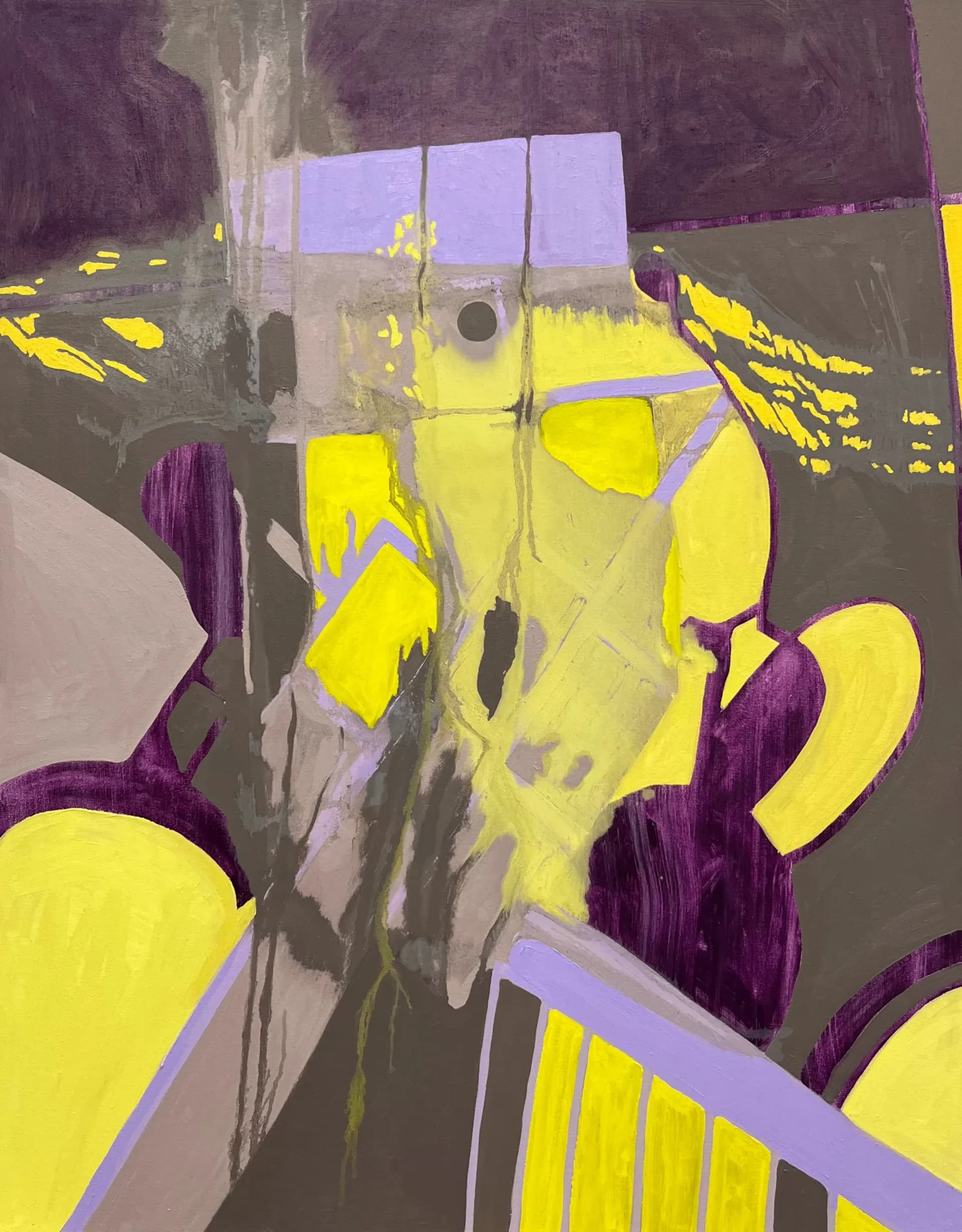 Bold abstract painting with neon yellow, purple and orange vertical drips and organic shapes on dark ground