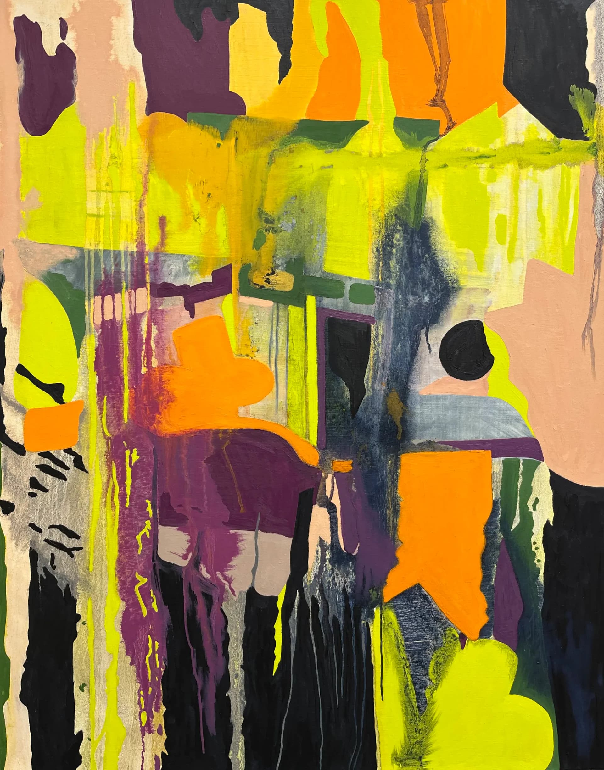 Abstract painting with bold red, yellow and dark maroon geometric and organic forms with architectural motifs