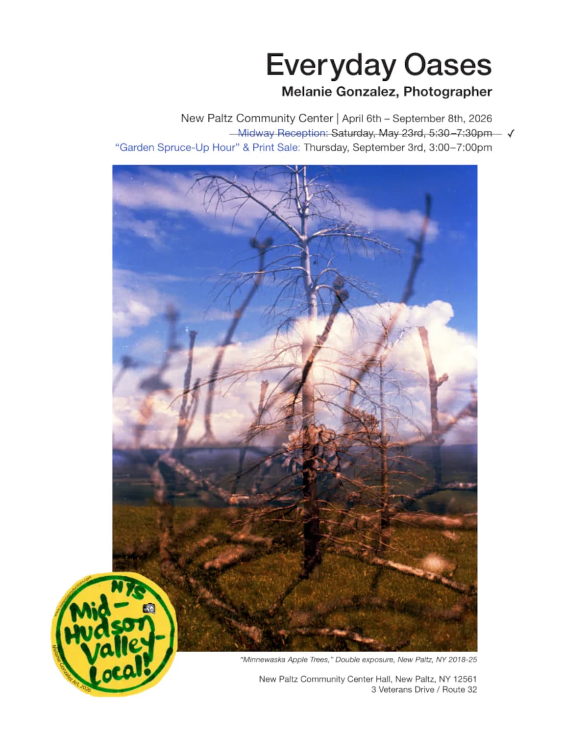 Exhibition flyer for Everyday Oases by Melanie Gonzalez showing barren tree with ethereal cloud overlay, event details and Hudson Valley local badge.