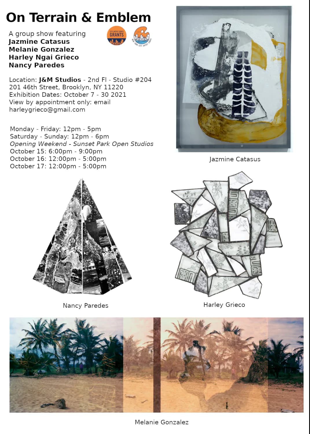 Group exhibition announcement for On Terrain & Emblem featuring Melanie Gonzalez and three other artists, with location, dates, and sample artworks.